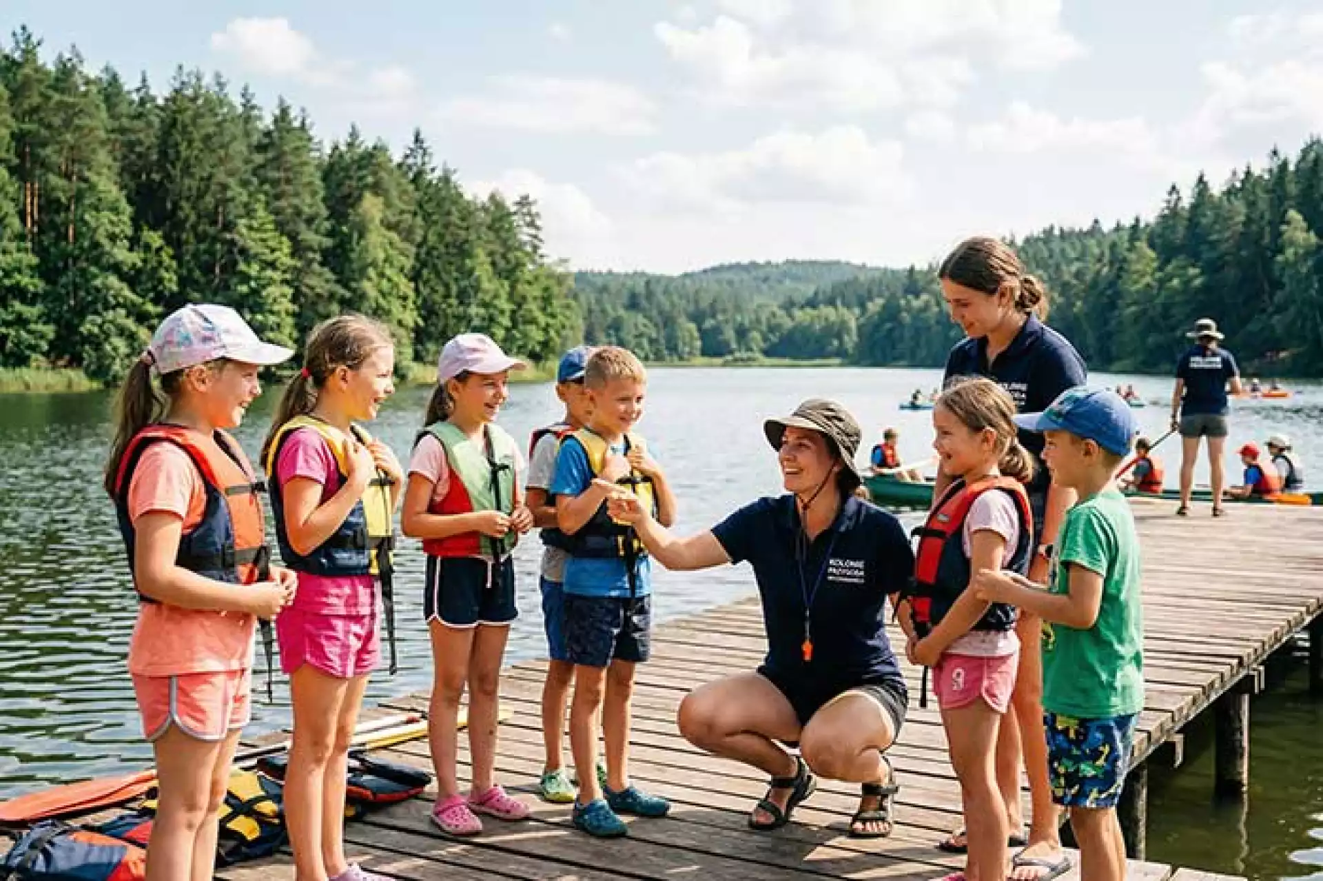 Dzieci w kamizelkach asekuracyjnych na pomoście