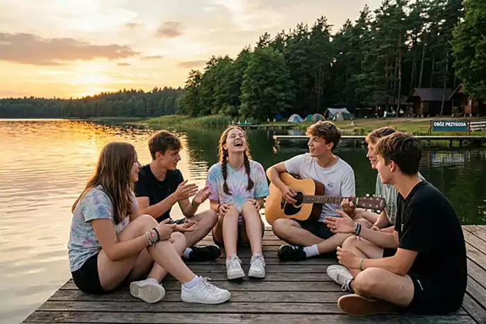 Grupa nastolatków z gitarą na pomoście